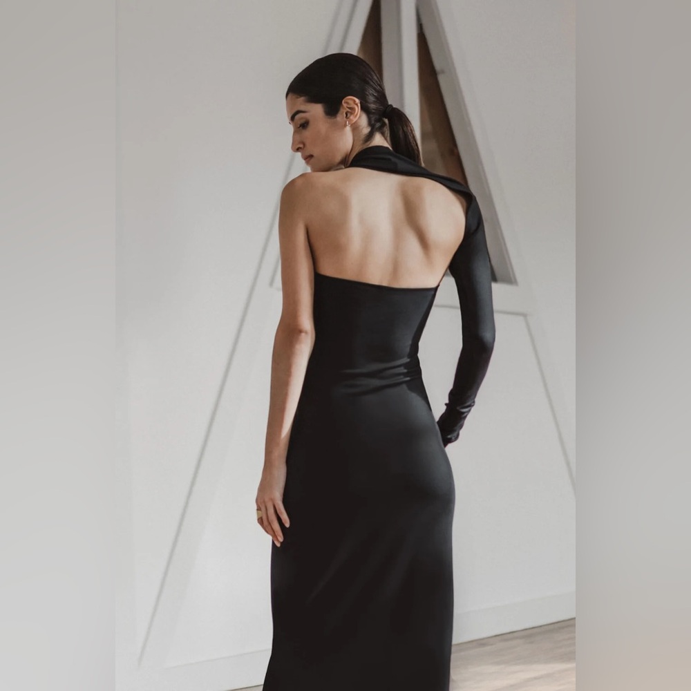 New! Marcella Manhattan One Shoulder Knit Gown Black Maxi Dress Size Medium - Picture 5 of 10